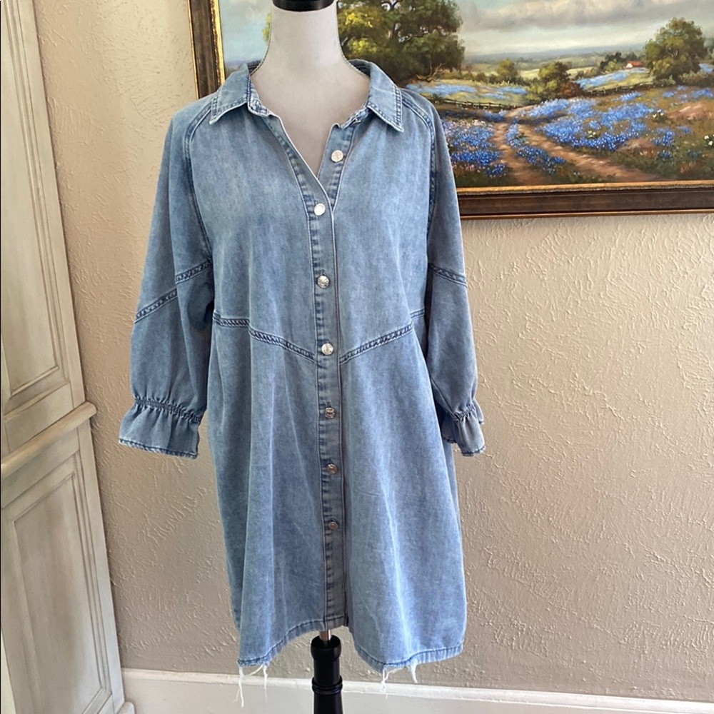 Light Wash Denim Shirt Dress - Blue
